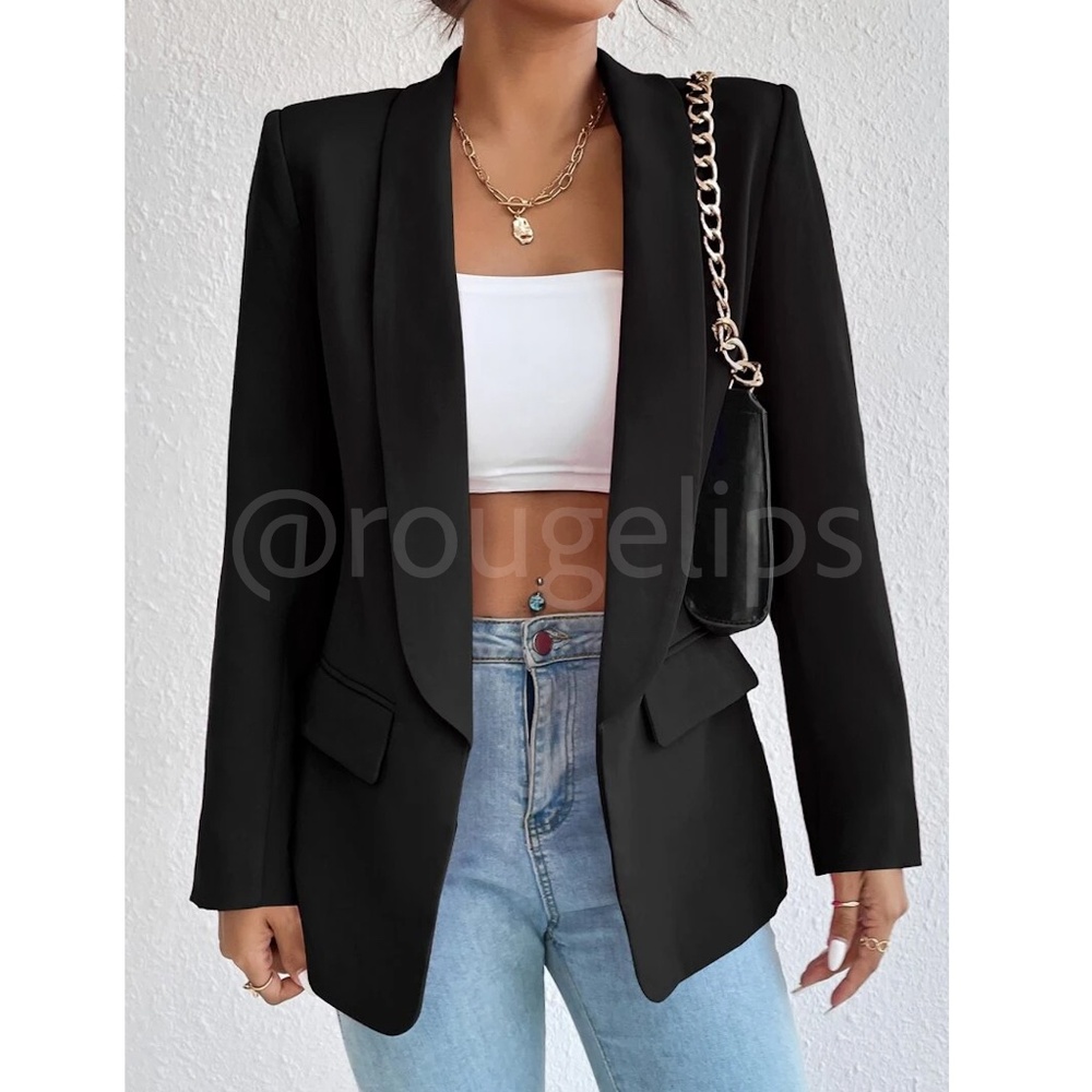 Black Blazer Jacket Shawl Collar Long Sleeve - Picture 2 of 13